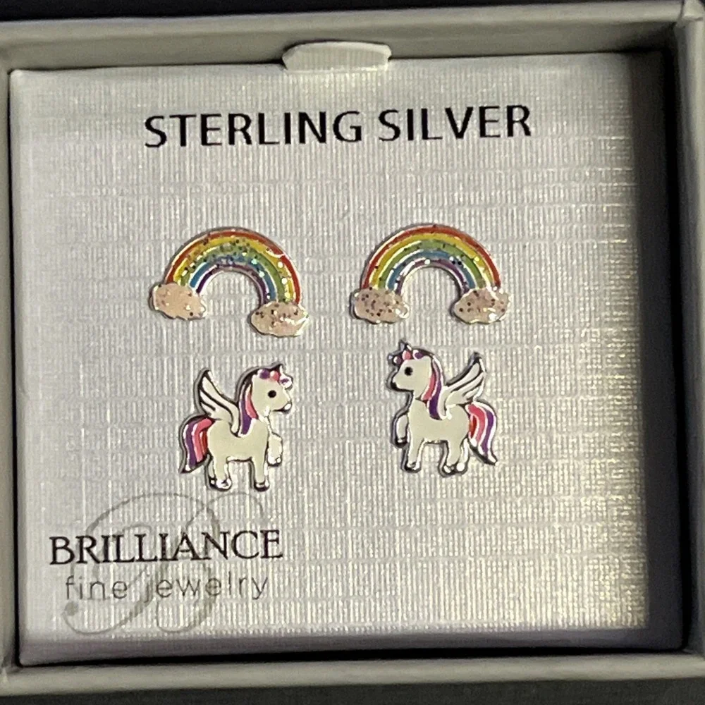 Sterling Silver 925 Rainbow Unicorn Stud Earrings Set of 2 Girls Enamel NIB
